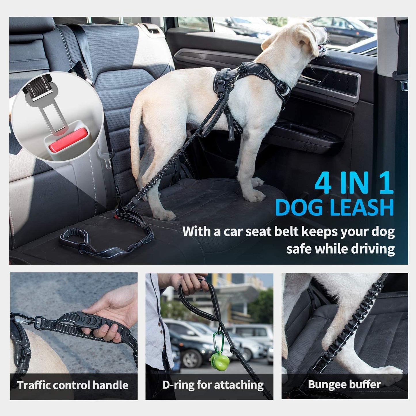 Adjustable Multifunctional Bungee Leash with Car Seatbelt for Large and Medium Dogs, 4-6 FT