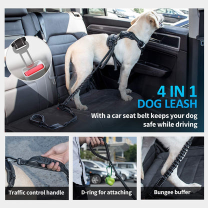 Adjustable Multifunctional Bungee Leash with Car Seatbelt for Large and Medium Dogs, 4-6 FT